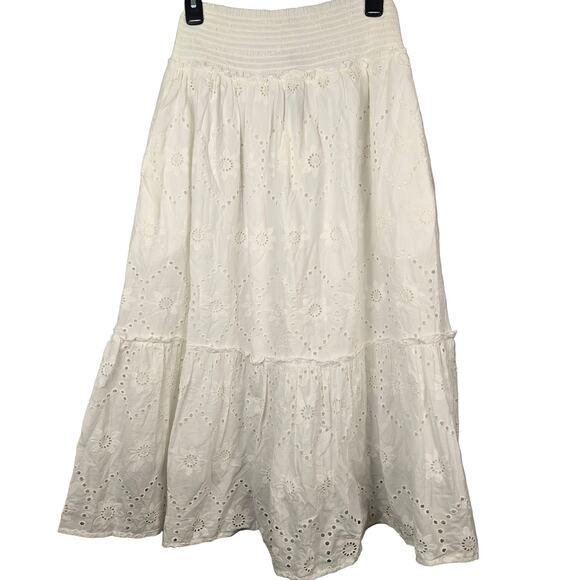 Jennifer & Grace Dresses & Skirts - Jennifer & Grace Eyelet Cotton Skirt Women's XS White Smocked Tiered cottage NEW